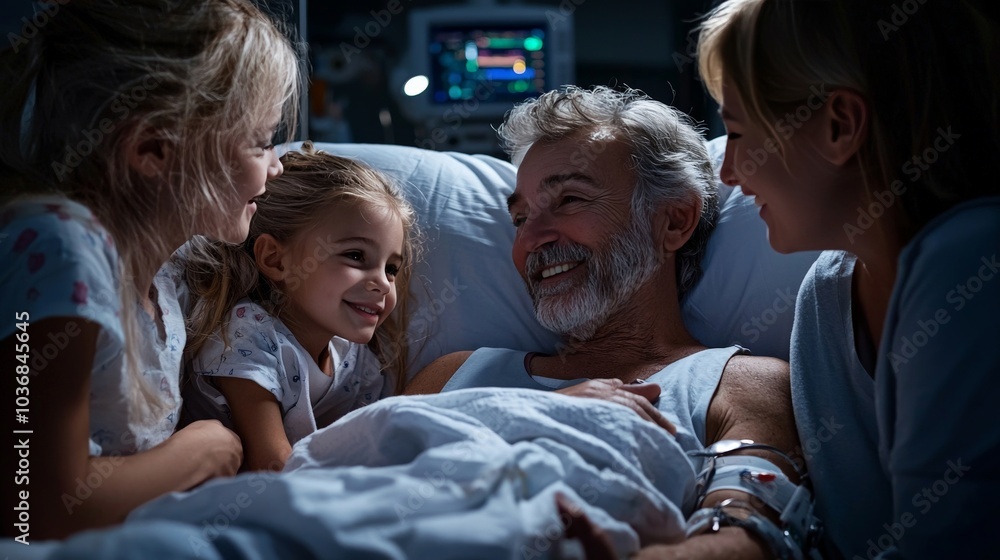 A patient in a hospital bed surrounded by family, the room dimly lit but filled with the love and warmth of their family, creating a scene of support and care A patient in a hospital bed surrounded by family, the room dimly lit but filled with the love and warmth of their family, creating a scene of support and care