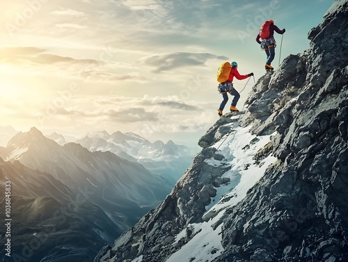 Mountain Climbers Racing to the Summit Reaching for the Peak in a Dramatic Landscape