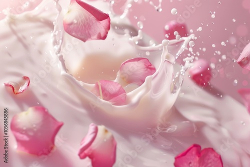 A bowl of milk with fresh rose petals floating on the surface