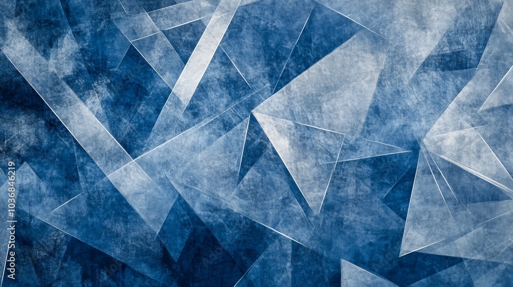 Modern abstract blue background design with layers of textured white transparent material in triangle diamond and squares shapes in random geometric pattern Modern abstract blue background design with layers of textured white transparent material in triangle diamond and squares shapes in random geometric pattern
