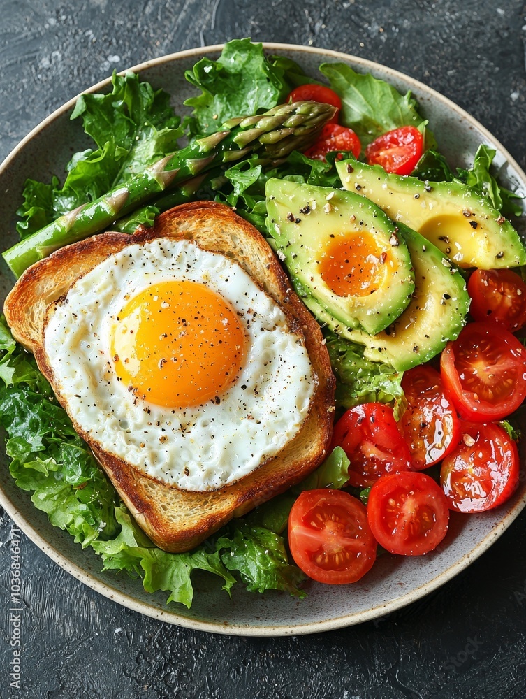 A vibrant plate featuring a sunny-side-up egg on toast, fresh greens, cherry tomatoes, and avocado, perfect for breakfast. A vibrant plate featuring a sunny-side-up egg on toast, fresh greens, cherry tomatoes, and avocado, perfect for breakfast.