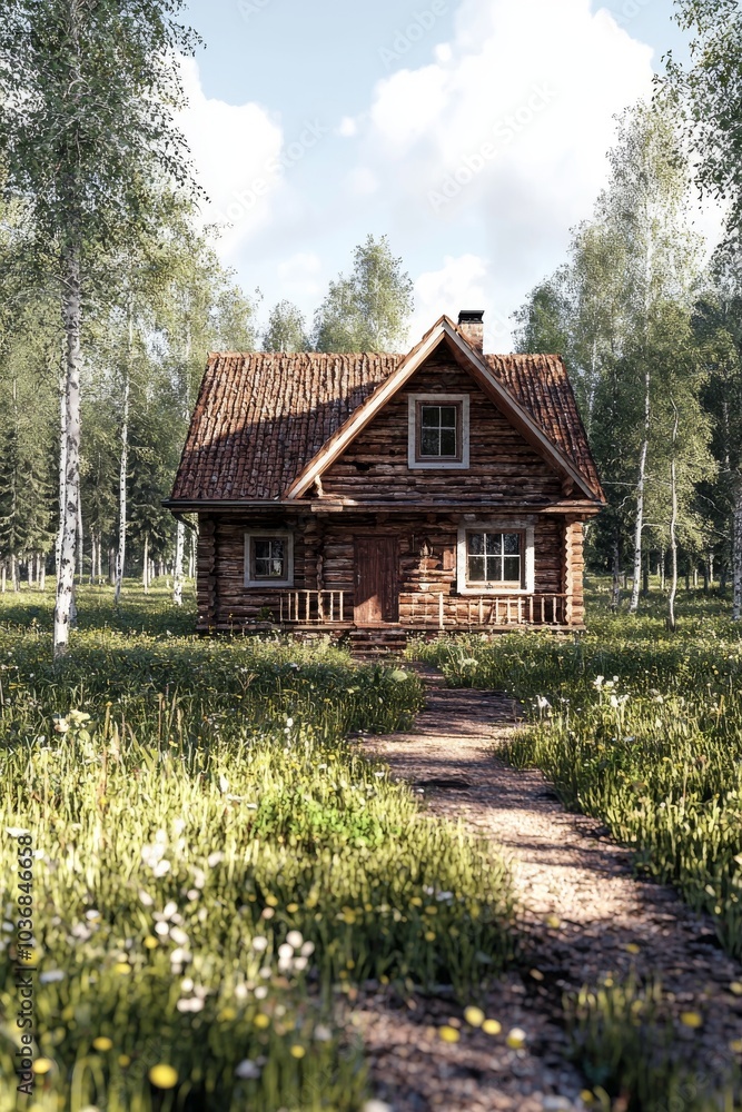Charming wooden cabin situated in a lush green forest, surrounded by flowers and soft sunlight. Charming wooden cabin situated in a lush green forest, surrounded by flowers and soft sunlight.