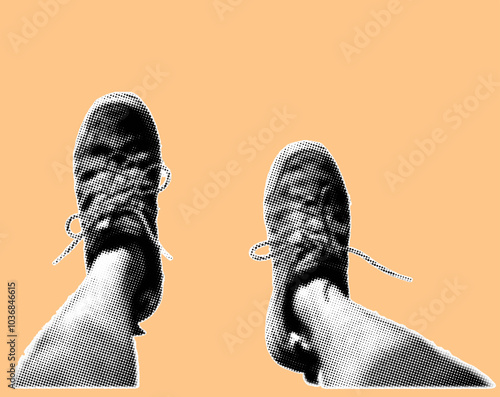 Close up of foot wearing outdoor hiking shoes pixelate color halftone dotted texture style collage element isolated on orange background