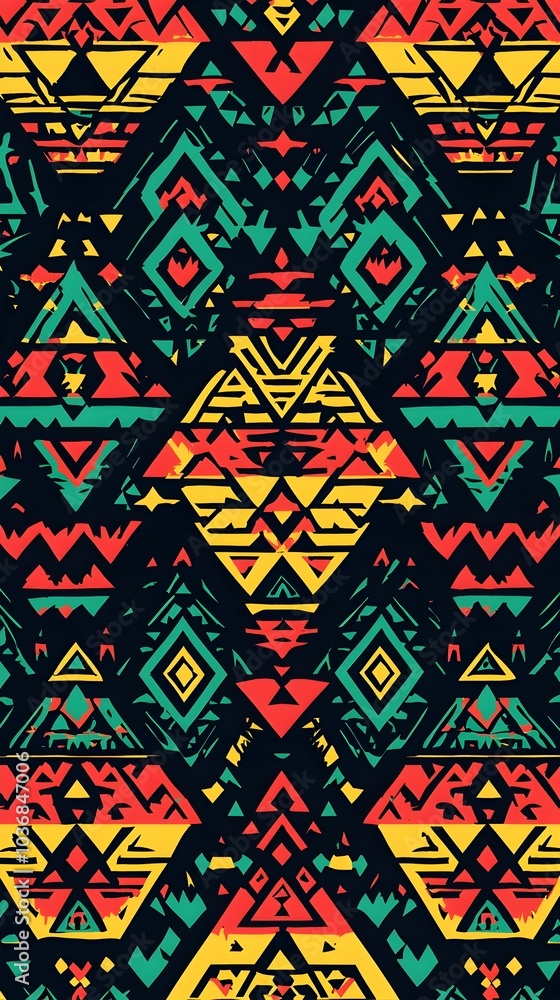 Vibrant Tribal Pattern with Overlapping Geometric Shapes in Bright Colors Vibrant Tribal Pattern with Overlapping Geometric Shapes in Bright Colors