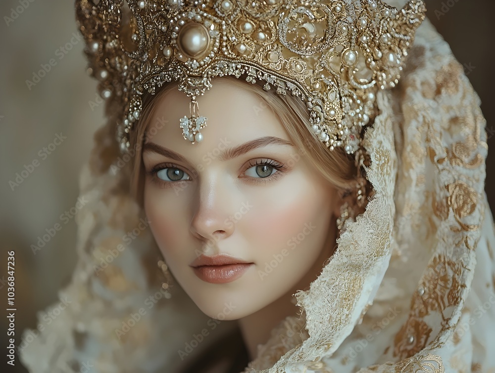 A young Caucasian woman in a stunning ornate crown and traditional attire, showcasing exquisite details and elegance, with soft, natural lighting and a serene expression. A young Caucasian woman in a stunning ornate crown and traditional attire, showcasing exquisite details and elegance, with soft, natural lighting and a serene expression.