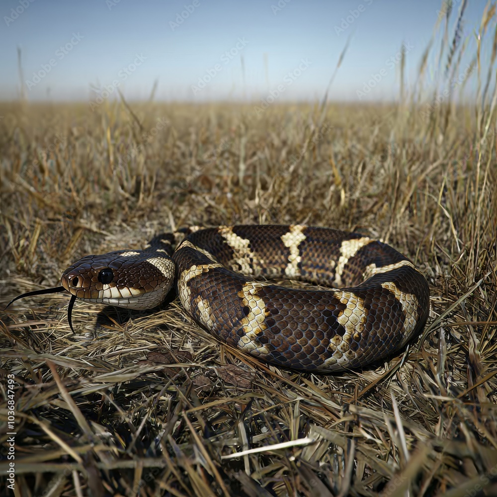 Fototapeta premium A close-up of a coiled brown and tan snake resting in a dry field, blending seamlessly with the straw-like grass.