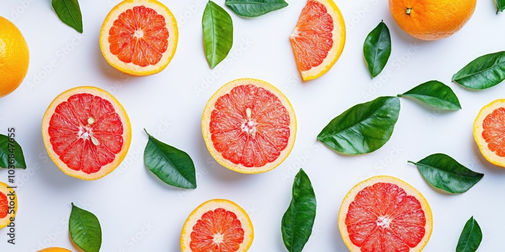 Fresh grapefruits with green leaves on a clean white surface, perfect for food or still life photography Fresh grapefruits with green leaves on a clean white surface, perfect for food or still life photography