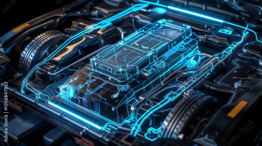 Electric car lithium battery pack is illustrated with power connections, showcasing the core of modern automotive technology in a vibrant blue tone Electric car lithium battery pack is illustrated with power connections, showcasing the core of modern automotive technology in a vibrant blue tone