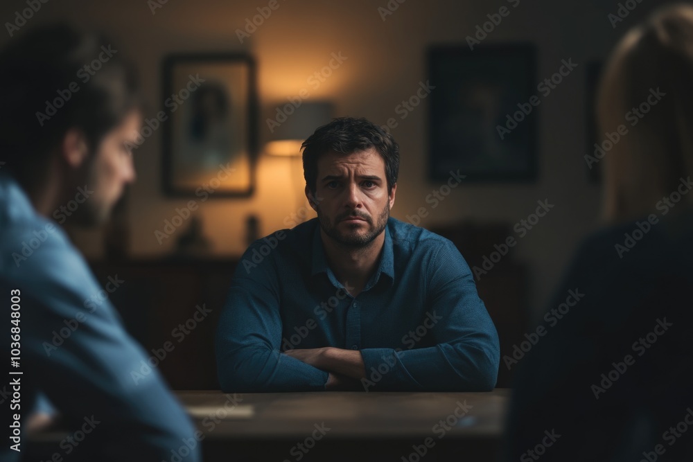 A couple sitting together at a table in a dimly lit room, with shadows surrounding them A couple sitting together at a table in a dimly lit room, with shadows surrounding them