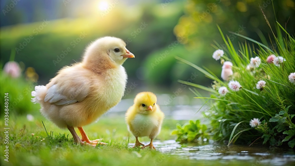 A pair of fluffy yellow chicks stand beside a gentle stream in a vibrant meadow, basking in the warm glow of the setting sun. A pair of fluffy yellow chicks stand beside a gentle stream in a vibrant meadow, basking in the warm glow of the setting sun.