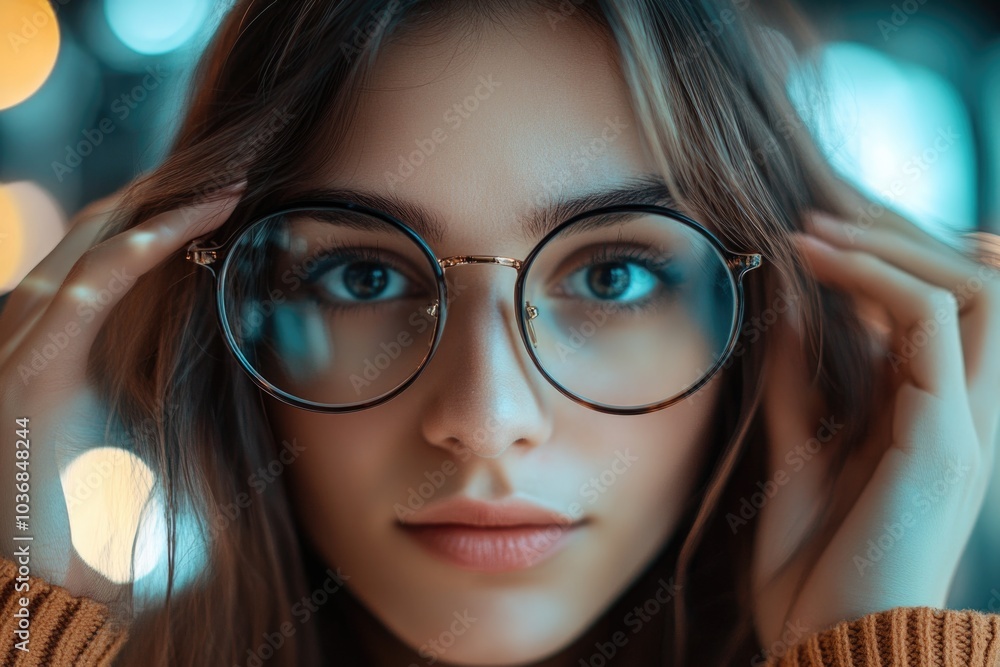 A woman with glasses on her face looks straight into the lens, focusing attention A woman with glasses on her face looks straight into the lens, focusing attention