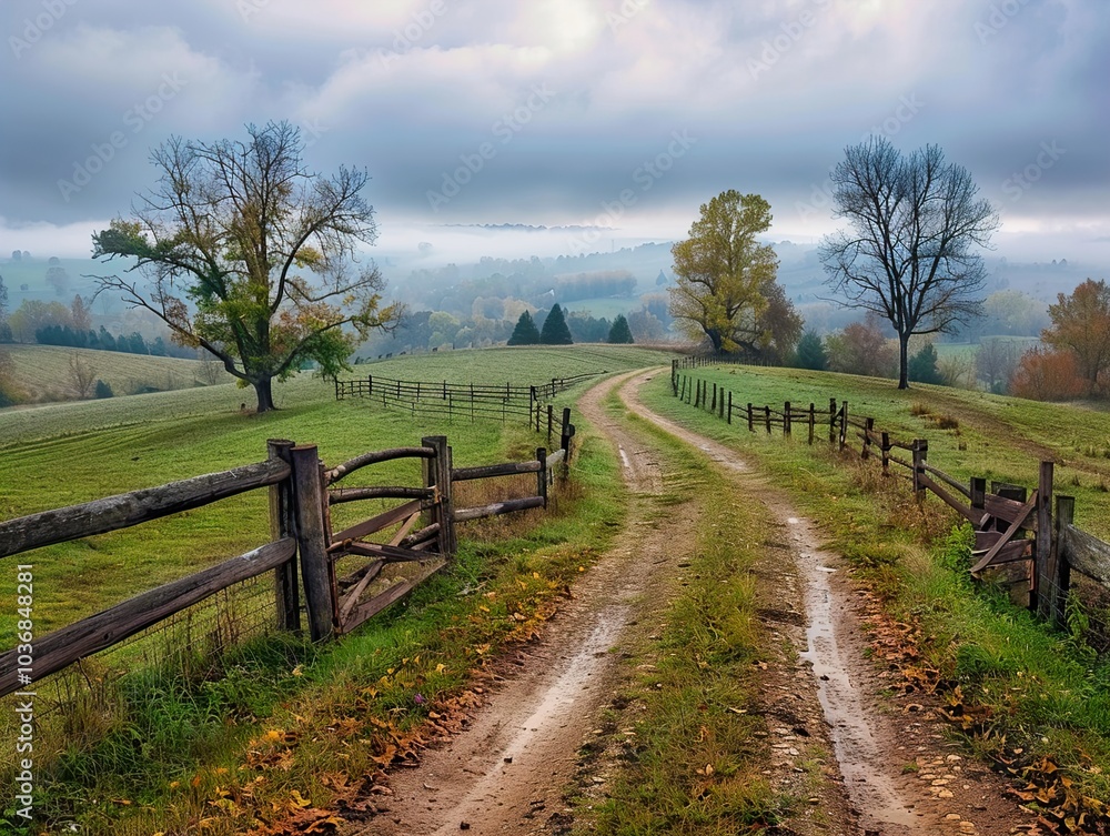 Fototapeta premium Serene Country Road with Foggy Hills and Golden Leaves