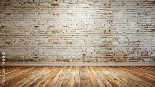 Vintage industrial chic background featuring empty room with distressed white brick wall  wooden floor  and stained stucco texture  perfect for loft style interior design.