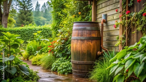 Old rustic rain barrel positioned under downspout, surrounded by lush greenery, awaits to harvest rainwater for sustainable gardening practices in a serene backyard setting. photo