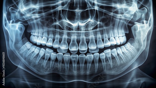 Wallpaper Mural Digital dental x-ray image showing roots and teeth structures, with bright white outlines and subtle gray tones, on a pitch-black background for medical illustration. Torontodigital.ca