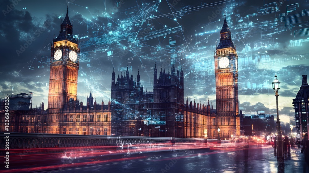 Fototapeta premium Abstract technology background in London for global business concept.