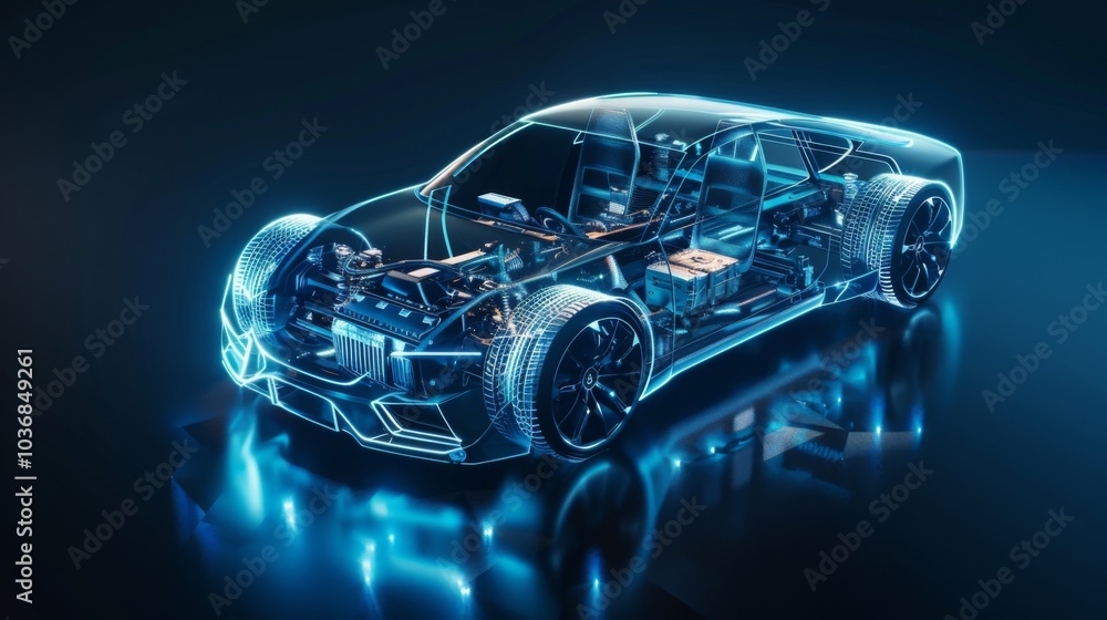 Fototapeta premium Electric car lithium battery pack is illustrated with power connections, showcasing the core of modern automotive technology in a vibrant blue tone