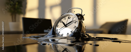 A distorted clock melting over the edge of a modern desk, representing the fluidity of time and perception photo