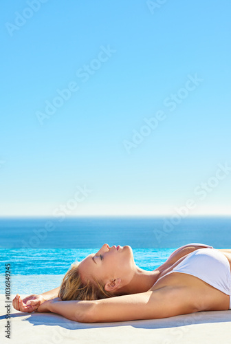 Peace, woman and relax at beach on vacation, summer holiday and travel outdoor with mockup space. Bikini, nature and girl lying by sea water on tropical island for sleeping, calm and dream by ocean