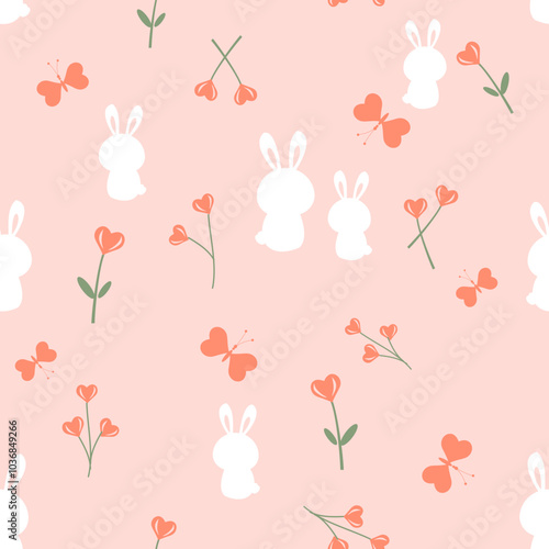Seamless pattern with bunny rabbit cartoons, heart shape flower and butterflied on pink background vector.