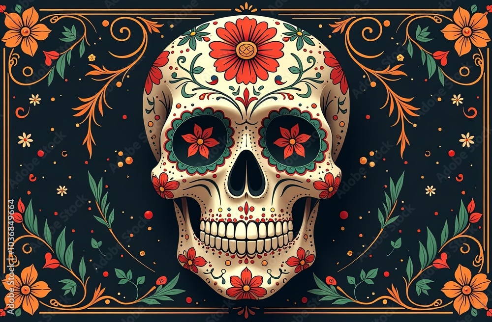 mexican skull of the day of the dead, decorated in art nuveau style, black background. greeting card, banner. copyspace mexican skull of the day of the dead, decorated in art nuveau style, black background. greeting card, banner. copyspace