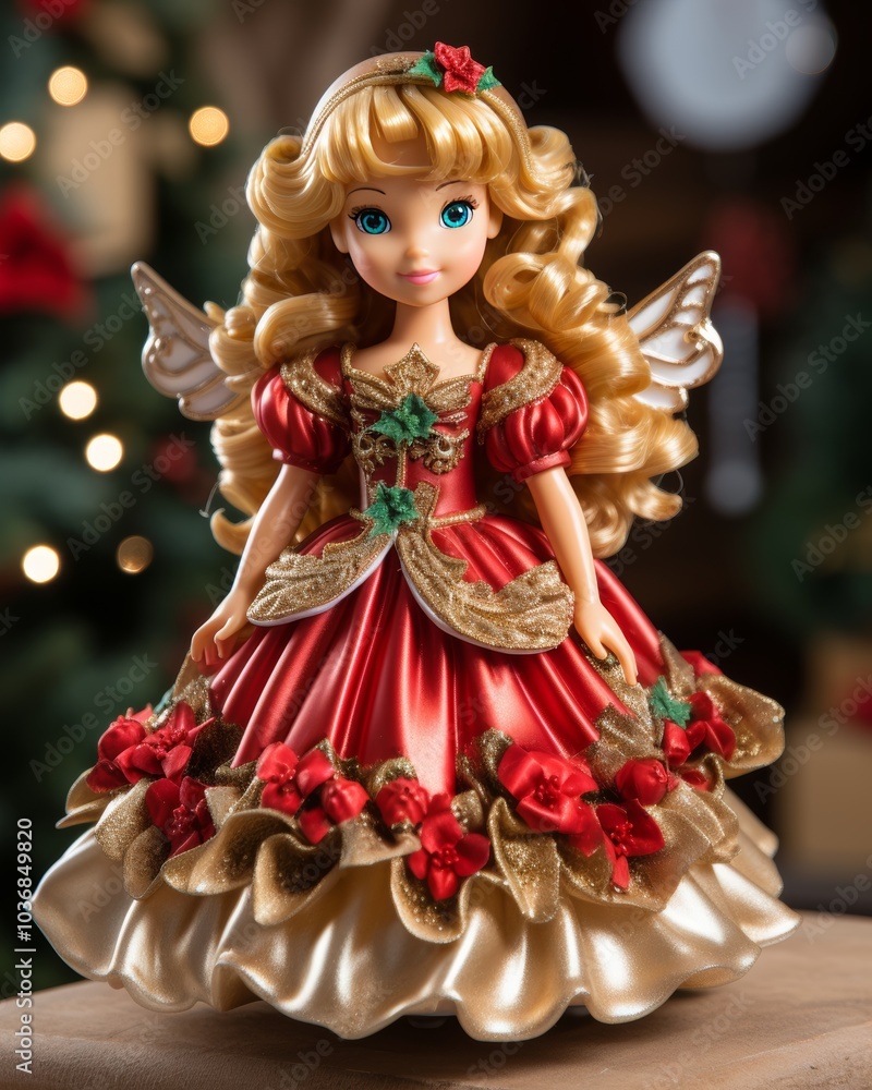 Christmas Angel Figurine in Red and Gold Dress with Delicate Wings on a Festive Background Christmas Angel Figurine in Red and Gold Dress with Delicate Wings on a Festive Background