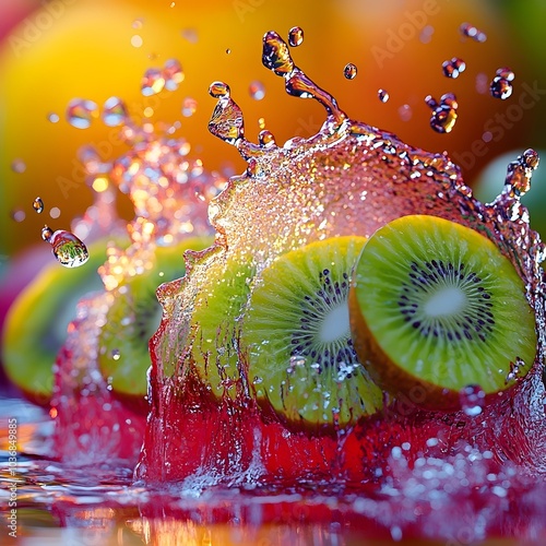 Vibrant kiwi slices splash in colorful water, creating a lively scene with droplets sparkling in the sunlight against a blurred fruit background. photo