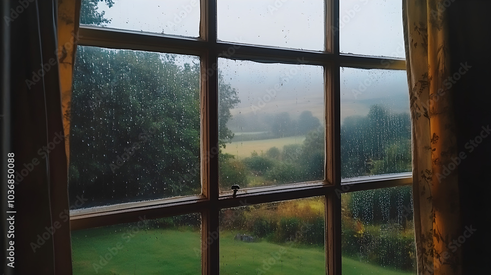 A cozy bedroom with a view of raindrops falling gently outside on a dreary day. A cozy bedroom with a view of raindrops falling gently outside on a dreary day.