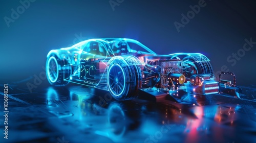 Electric car lithium battery pack is illustrated with power connections, showcasing the core of modern automotive technology in a vibrant blue tone photo