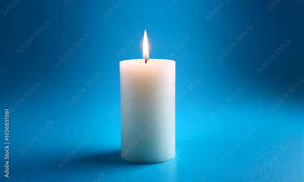 Single Burning Candle On Blue Background Single Burning Candle On Blue Background