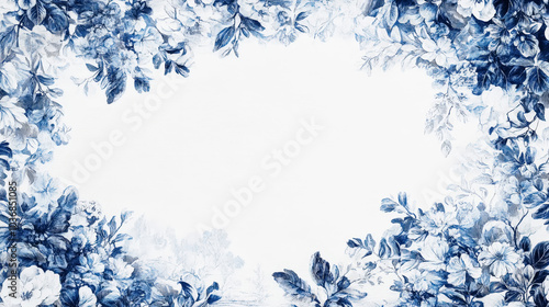Aesthetic invitation template on tender toile de jouy vintage floral pattern in blue and white, top view. Generative AI