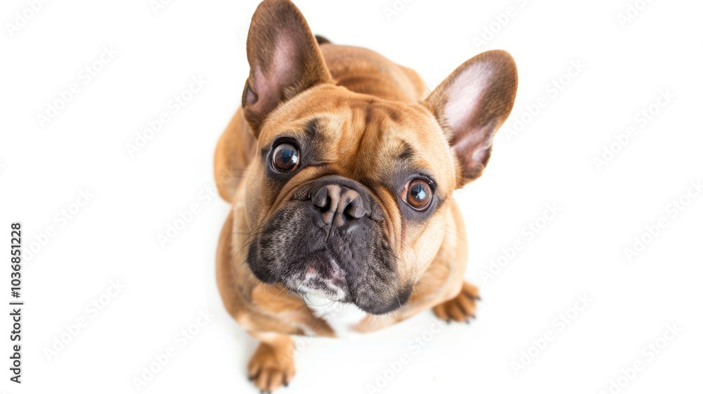 A small brown dog is sitting on the edge of a white floor, looking up A small brown dog is sitting on the edge of a white floor, looking up