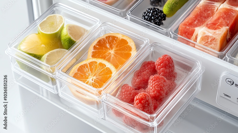 Fresh fruit arranged in clear containers inside a refrigerator drawer. Fresh fruit arranged in clear containers inside a refrigerator drawer.