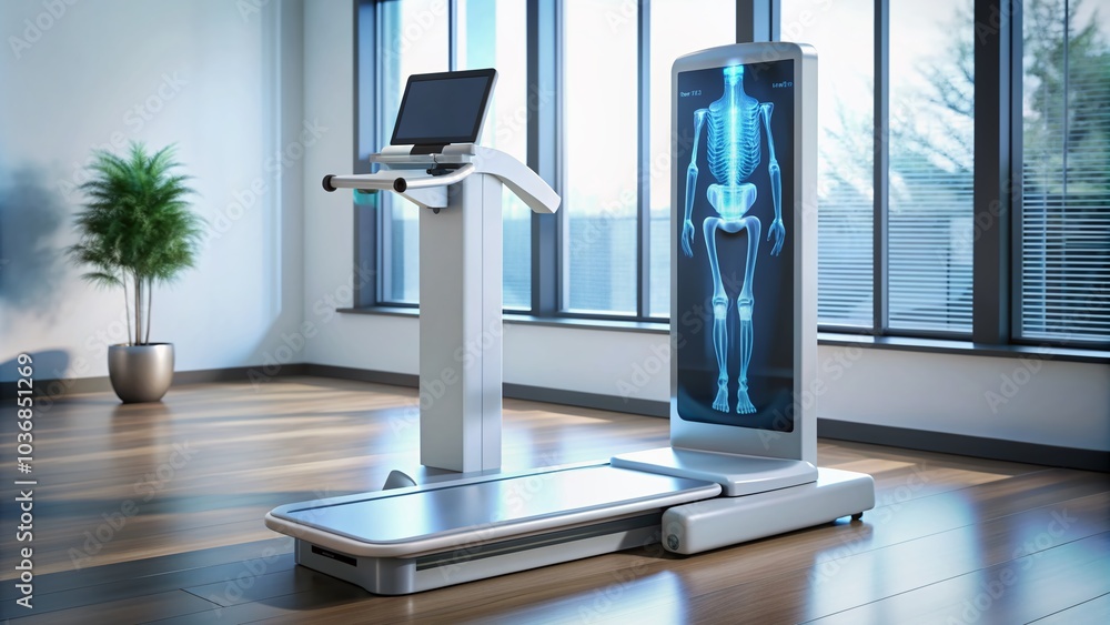 A modern medical device for measuring bone mineral density, with a sleek design and advanced technology, helps diagnose osteoporosis and bone health issues. A modern medical device for measuring bone mineral density, with a sleek design and advanced technology, helps diagnose osteoporosis and bone health issues.