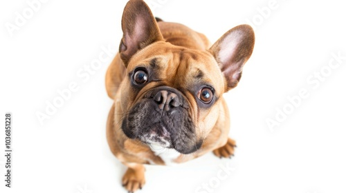 A small brown dog is sitting on the edge of a white floor, looking up