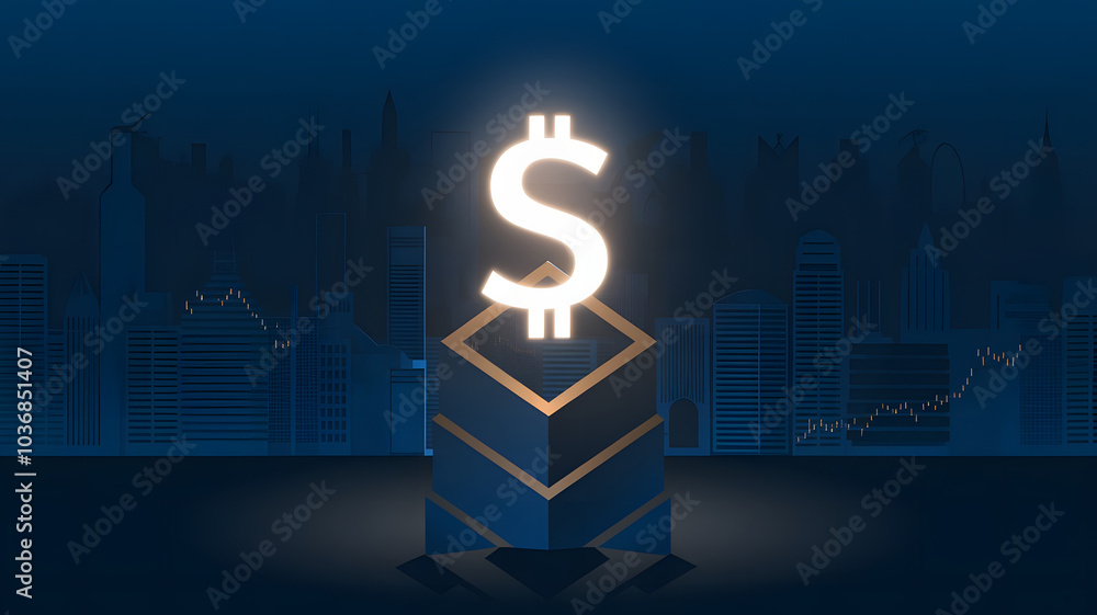A glowing currency symbol, rising above a darkened skyline, representing financial leadership.
