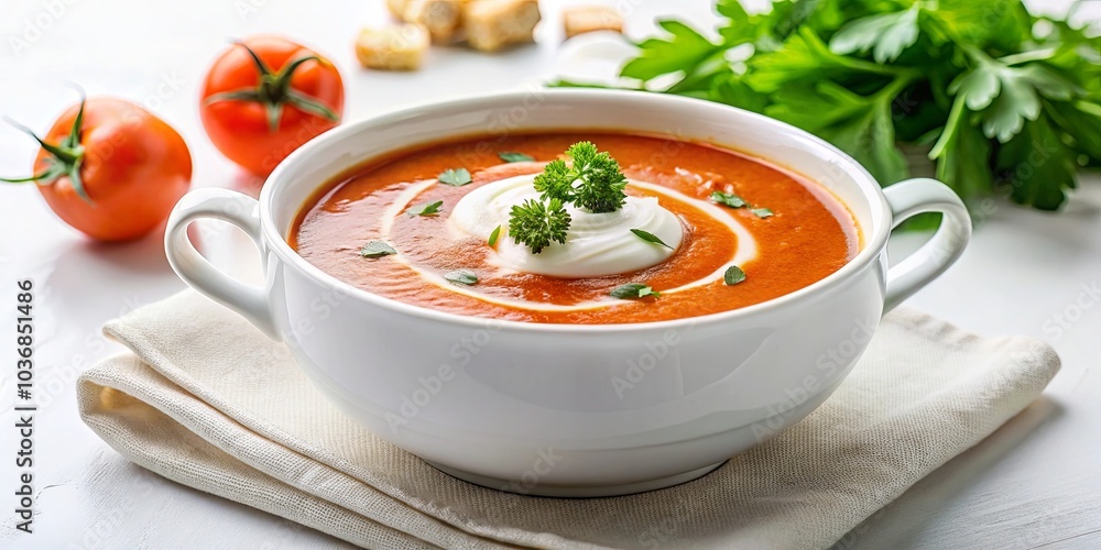 A Creamy Swirl of Delight A Bowl of Tomato Soup Garnished with Fresh Herbs and a Dollop of Whipped Cream, Served on a Crisp Linen Napkin A Creamy Swirl of Delight A Bowl of Tomato Soup Garnished with Fresh Herbs and a Dollop of Whipped Cream, Served on a Crisp Linen Napkin
