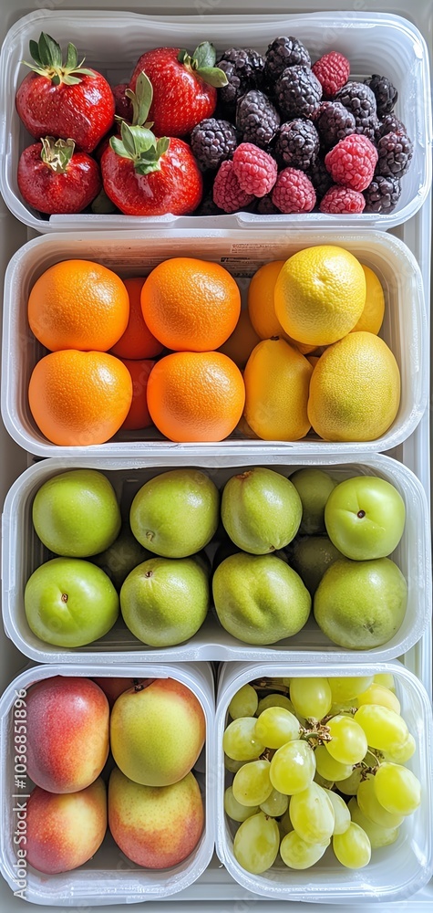 Variety of fruits in containers, including strawberries, oranges, grapes, and peaches. Variety of fruits in containers, including strawberries, oranges, grapes, and peaches.