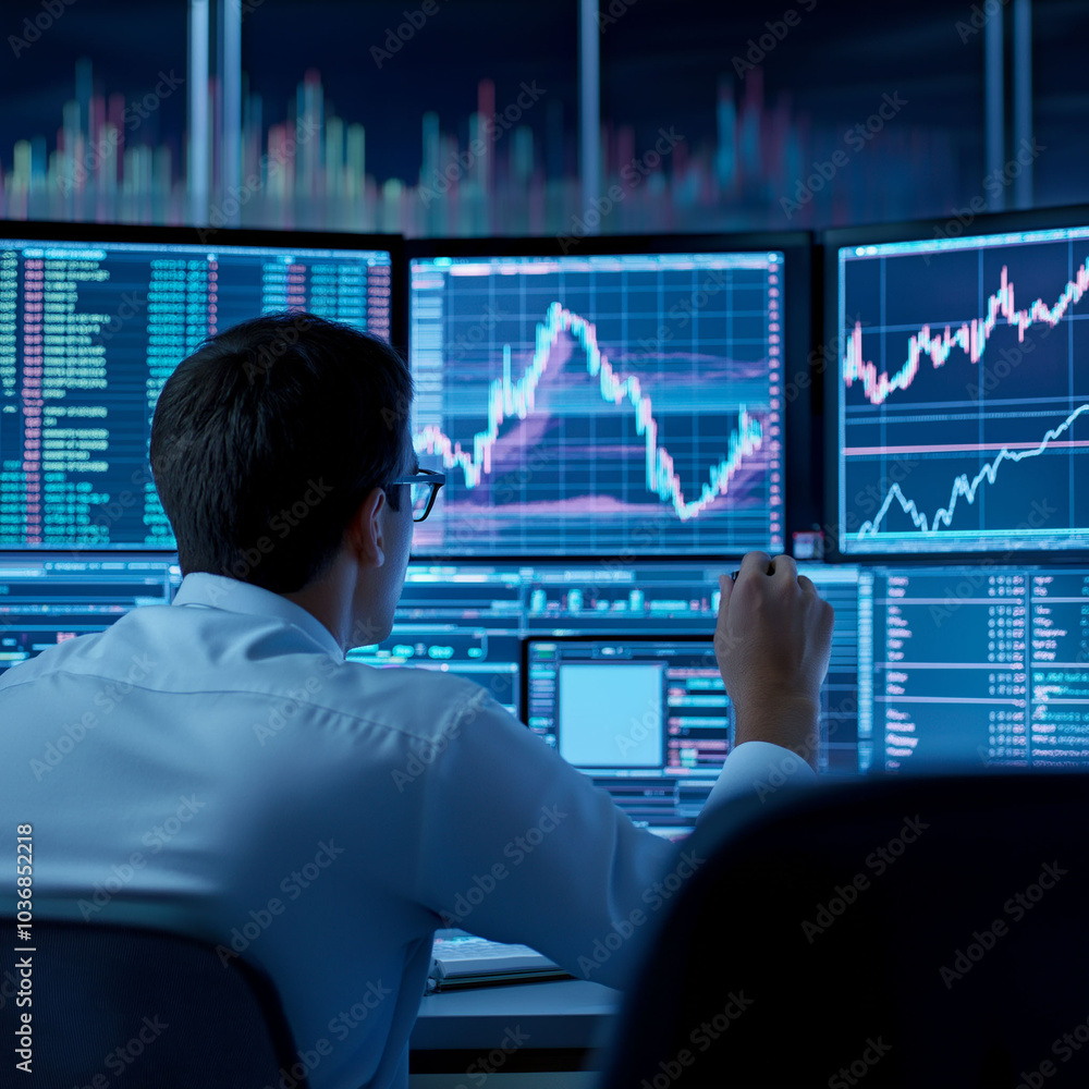 Investor analyzing stock data in modern office Investor analyzing stock data in modern office