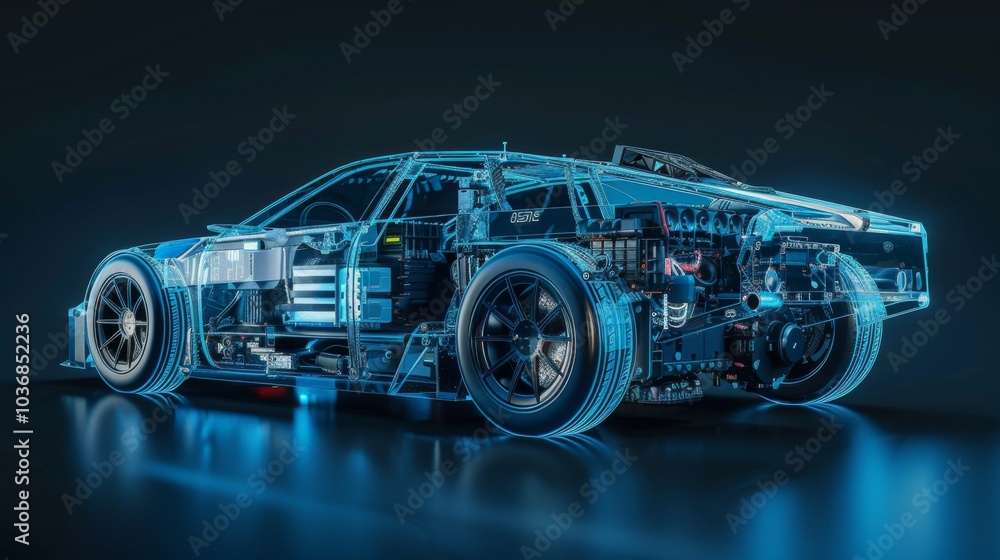 Electric car lithium battery pack is illustrated with power connections, showcasing the core of modern automotive technology in a vibrant blue tone Electric car lithium battery pack is illustrated with power connections, showcasing the core of modern automotive technology in a vibrant blue tone