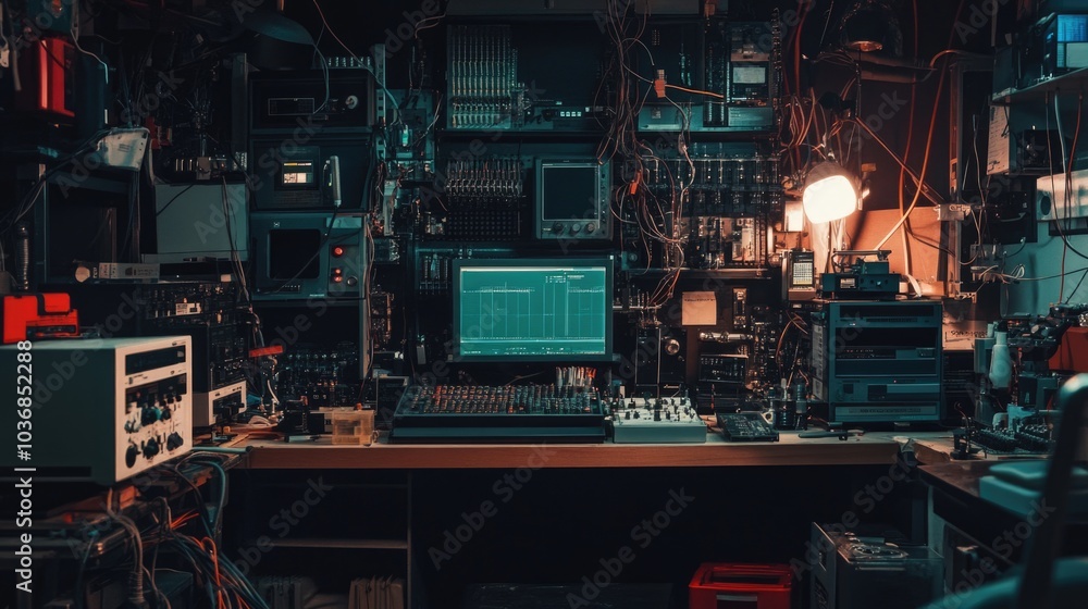 A room filled with various electronic devices and equipment used in research and development A room filled with various electronic devices and equipment used in research and development