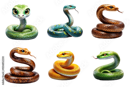 A set of colorful snakes on a transparent background. photo