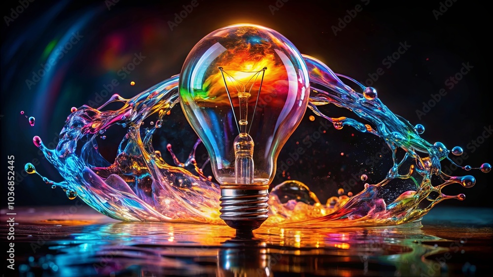 A single lightbulb, illuminated from within, rests upon a swirling symphony of iridescent liquid, creating a dynamic spectacle of color and form. A single lightbulb, illuminated from within, rests upon a swirling symphony of iridescent liquid, creating a dynamic spectacle of color and form.