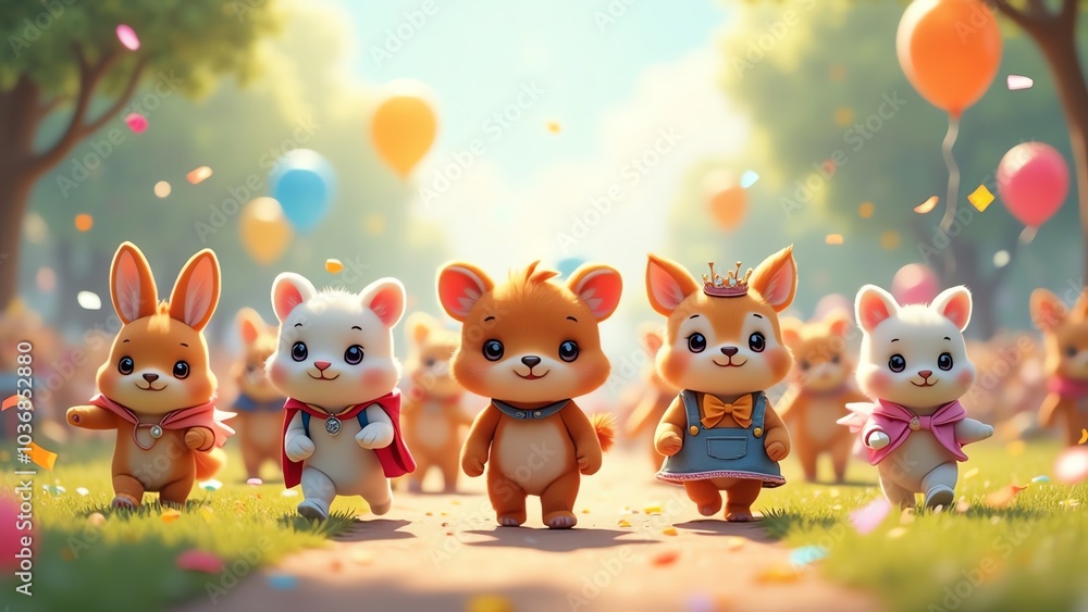 Naklejka premium A delightful gathering of adorable cartoon animals, each with unique characteristics, celebrating in a vibrant outdoor setting filled with balloons.