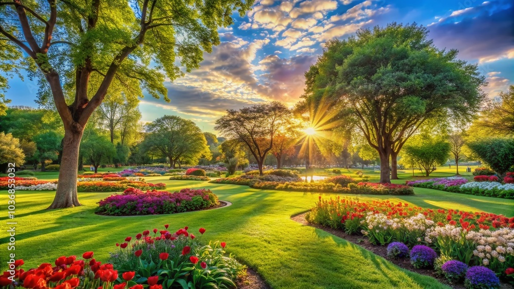 Fototapeta premium Vibrant sun-kissed park landscape with lush green grass, colorful flowers, and majestic trees, exuding warmth and joy, perfect for capturing childhood wonder and freedom.