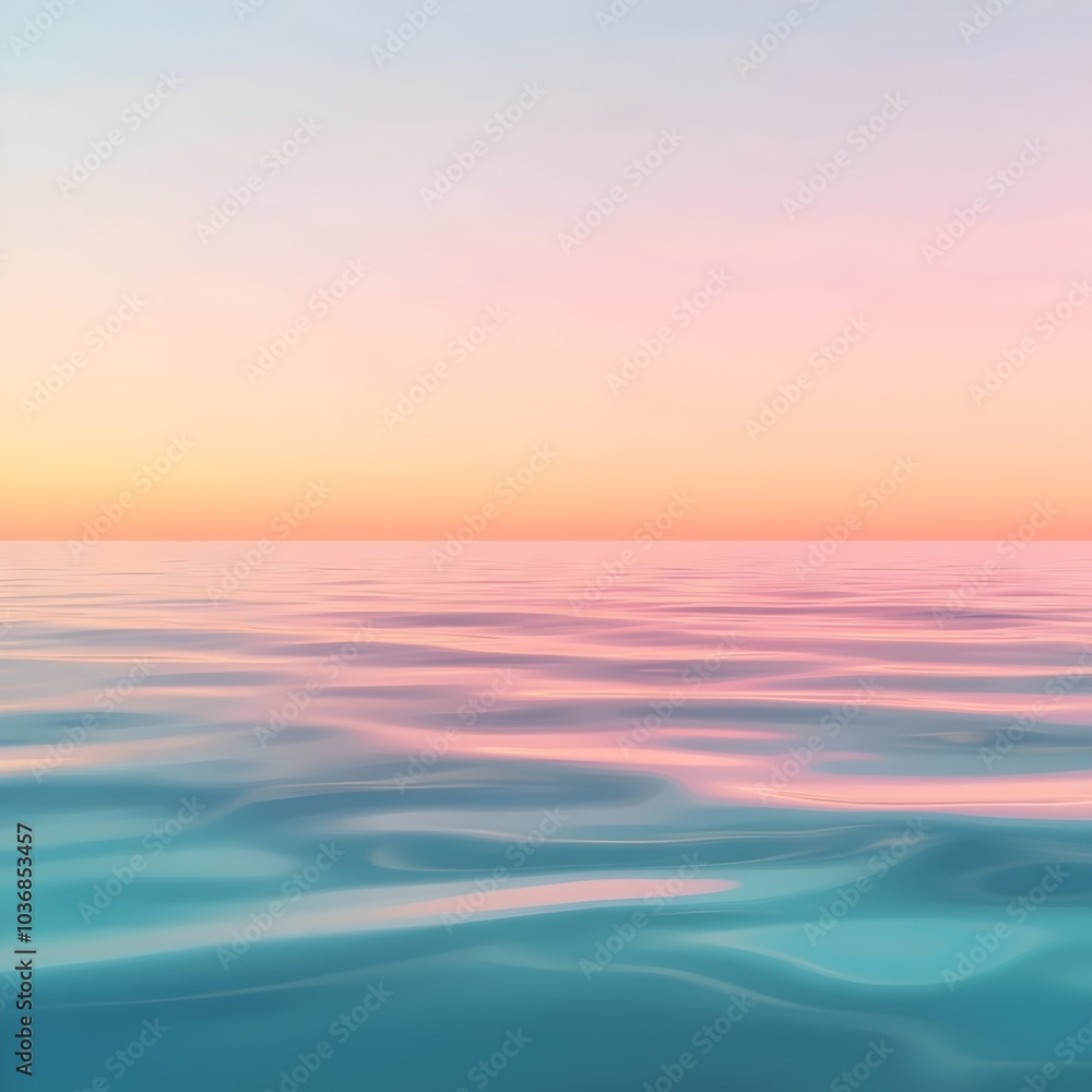 Fototapeta premium A serene sunset over calm ocean waters, featuring soft pastel colors blending pink, peach, and blue, creating a tranquil and soothing atmosphere.