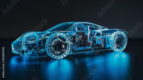 Electric car lithium battery pack is illustrated with power connections, showcasing the core of modern automotive technology in a vibrant blue tone photo