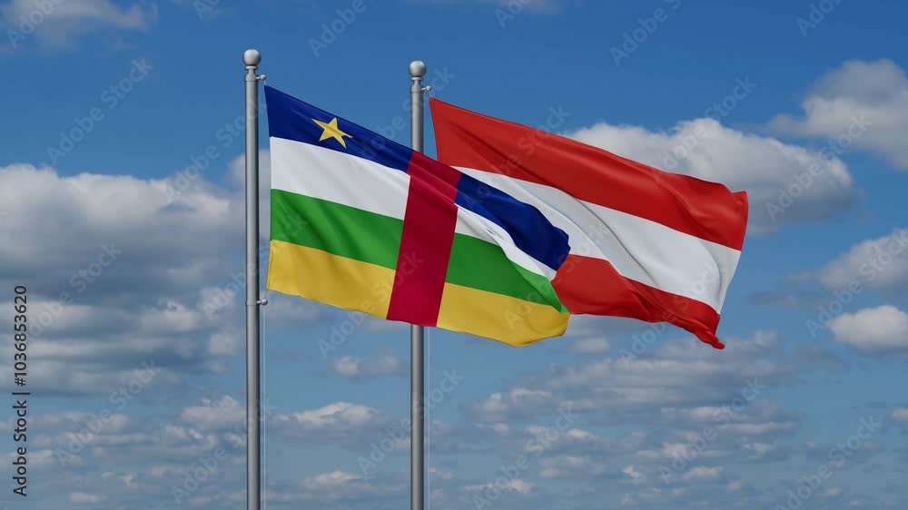 Austria and Central African Republic flags flying together, video concept of the relationship, two country relations concept Austria and Central African Republic flags flying together, video concept of the relationship, two country relations concept