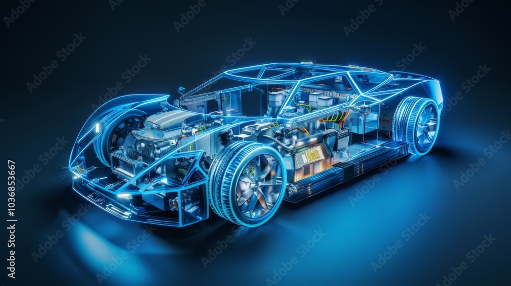 Electric car lithium battery pack is illustrated with power connections, showcasing the core of modern automotive technology in a vibrant blue tone Electric car lithium battery pack is illustrated with power connections, showcasing the core of modern automotive technology in a vibrant blue tone