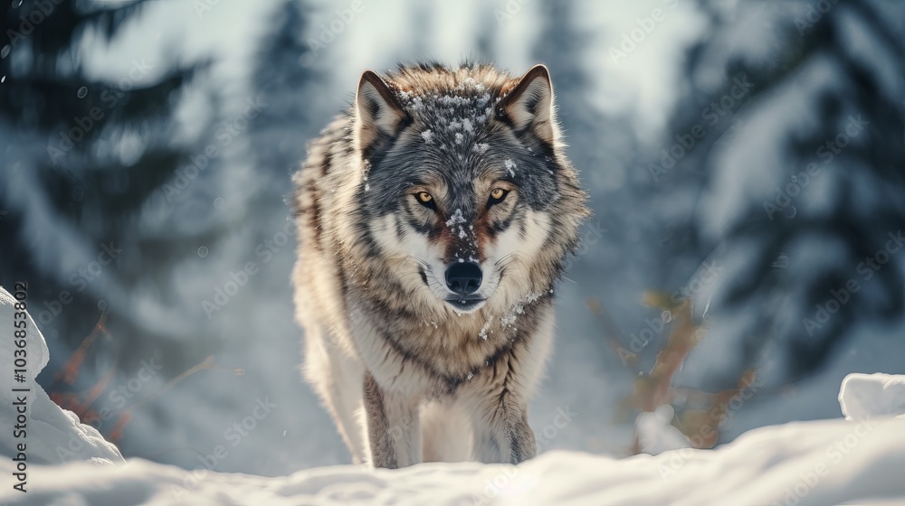 A lone wolf stands in the snow, looking directly at the camera with piercing yellow eyes. A lone wolf stands in the snow, looking directly at the camera with piercing yellow eyes.